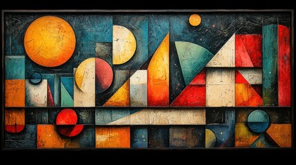 Abstract geometric artwork with vibrant colors and shapes.