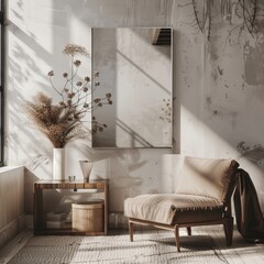 A single square small mirror with small facets on the wall in a beautiful modern interior with hyperrealism and realistic photo