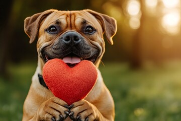 Ad companion idea. Cute boerboel pup with furry friend toy red heart on a walk in a spring park. Boerboel - my desired dog, symbol of friendship. Dog and love scene. Dog with love sign.
