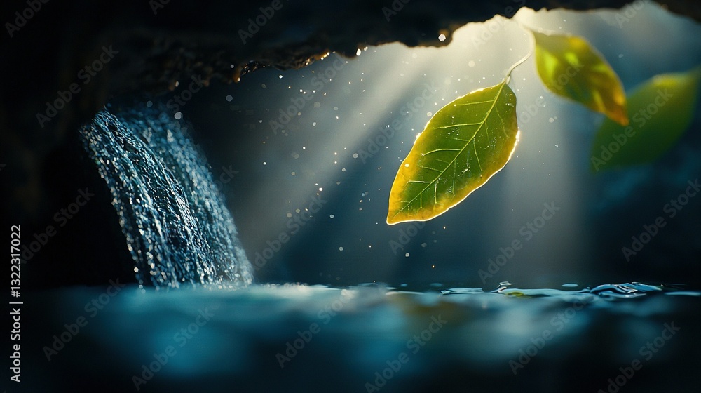 Poster a leaf floats on water, illuminated by sunbeams passing through it from behind the surface