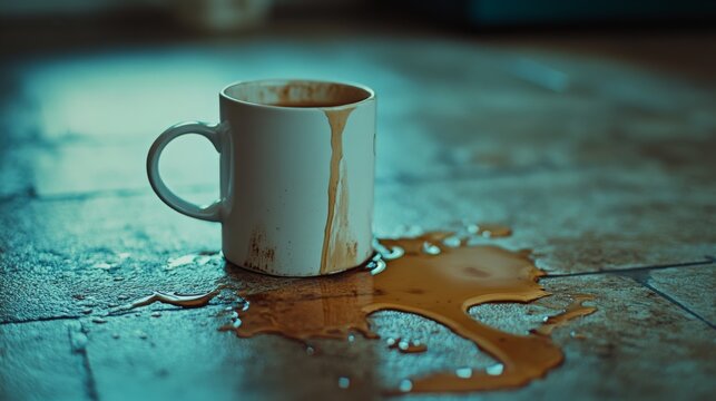 A white mug overturned, spilling coffee on a textured surface, capturing a moment of unexpected chaos and stillness. - Powered by Adobe