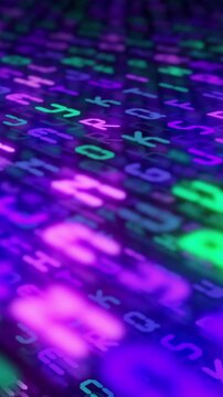 Vertical 3d animation with digital alphabet symbols and binary code numbers