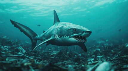 Fototapeta premium Great white shark swimming over polluted ocean floor covered in debris