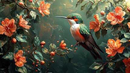 Hummingbird perched on branch amidst vibrant orange blossoms.