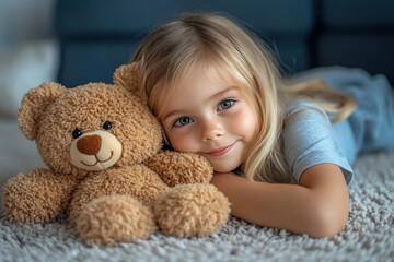 little girl with long blonde hair and blue eyes lying on a soft carpet next to her teddy bear.  