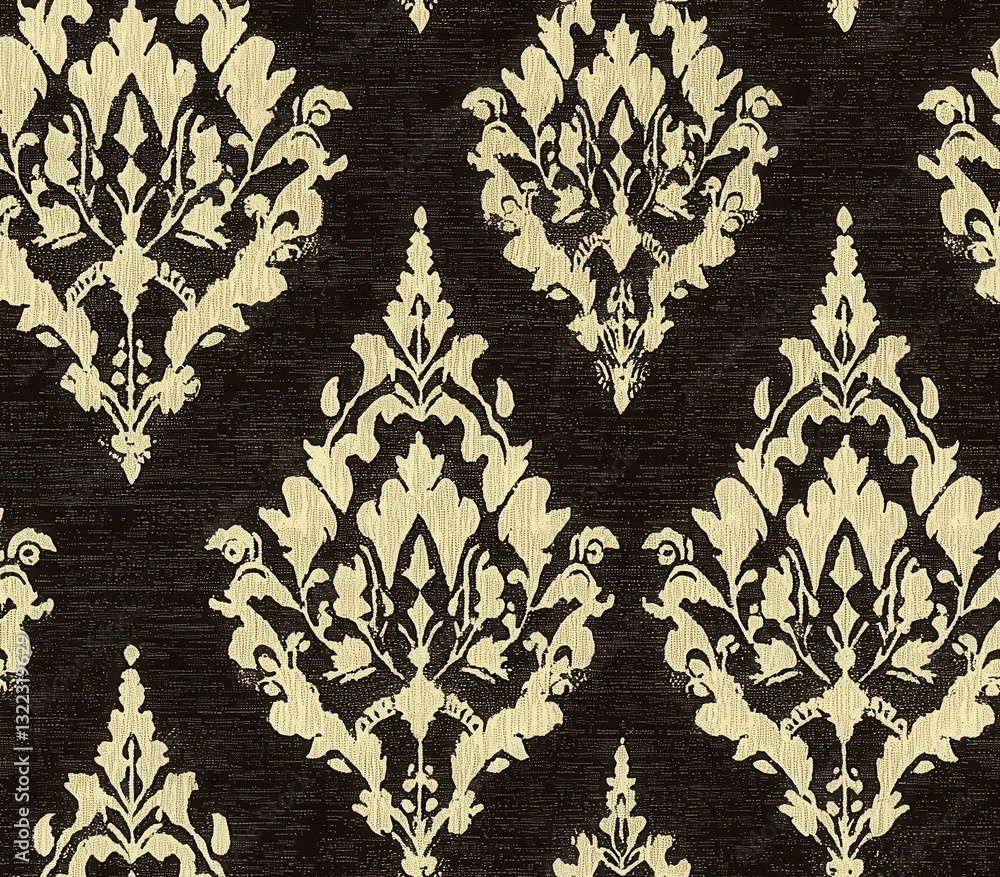 Poster elegant damask pattern in cream and black, perfect for decor, seamless pattern style.