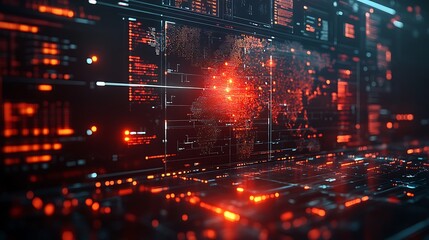 Fototapeta premium Futuristic depiction of cyber warfare targeting Europe with red alert indicators and an abstract global network