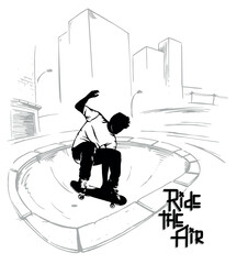 Vector illustration of skater silhouette leaves with skate park and buildings in the background. Stylized art for print on t-shirts, posters, etc...