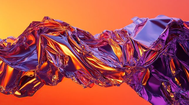 A wave-like composition of crumpled reflective foil merging into liquid metallic streams