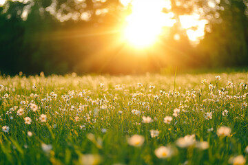 Fototapeta premium Golden sunset over a field of beautiful white daisies and lush green grass day calm image flora rural