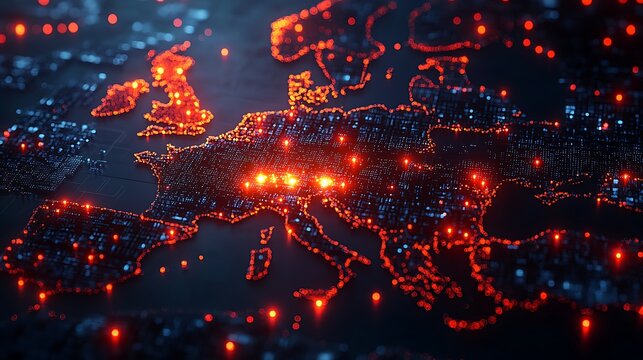 Abstract digital map of Europe under cyber attack with glowing red alerts and network breach indicators