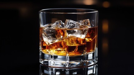 A sleek, crystal glass of amber whiskey, its surface adorned by a cascade of ice cubes, sits majestically against a velvety black background, inviting the viewer to contemplate the elegance and