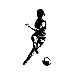 Soccer women, female football player kicking ball, isolated vector silhouette, high contrast illustration, front view