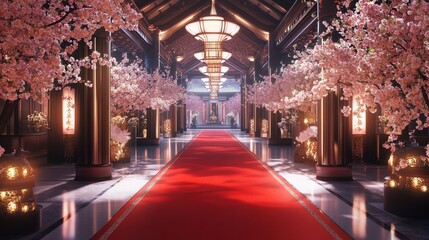 Fototapeta premium Luxury event background with red carpet, cherry blossom decorations, product placement, elegant floral theme, bright lighting, spacious hall, stylish architecture, 3d illustration