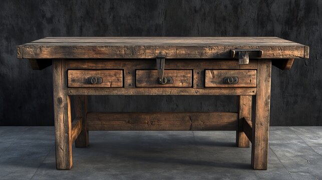 Functional and robust wooden bench designed for workshops, featuring storage drawers and a built-in vise.