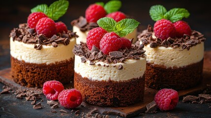 Delicious layered cakes topped with raspberries and chocolate