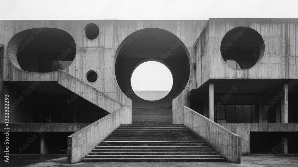 Poster modern concrete architecture with circular openings and stairs.