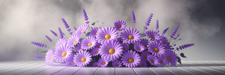 Fototapeta premium Delicate purple daisies and lavender sprigs arranged on a light surface, set against a dreamy, misty backdrop for a serene floral display. 