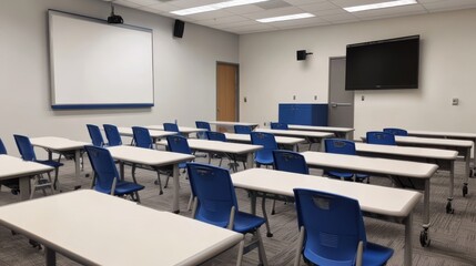Empty classroom with blue chairs, white desks, whiteboard, on white background. Concept of education. 3D Rendering