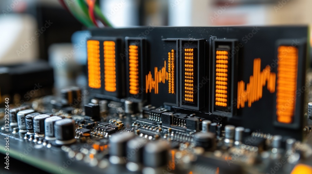Poster close-up of illuminated ram modules on a circuit board.