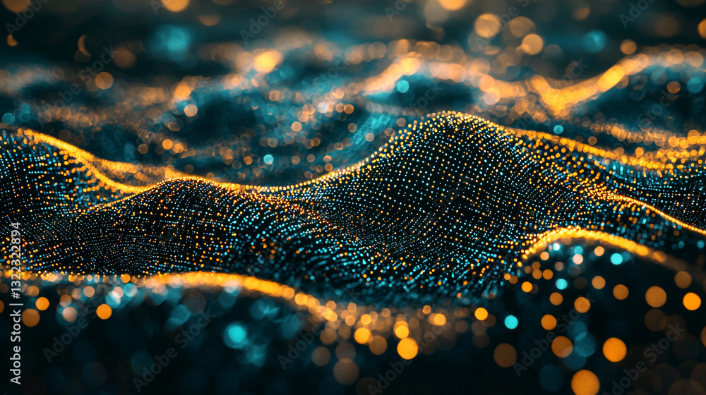 Poster abstract golden blue particle wave digital background texture cyan dark glow shiny light bokeh brigh