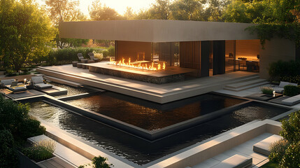 Modern, sophisticated, contemporary exterior of a luxurious home with outdoor living spaces and water features.  Large open-plan living area, featuring a fireplace, multiple seating
