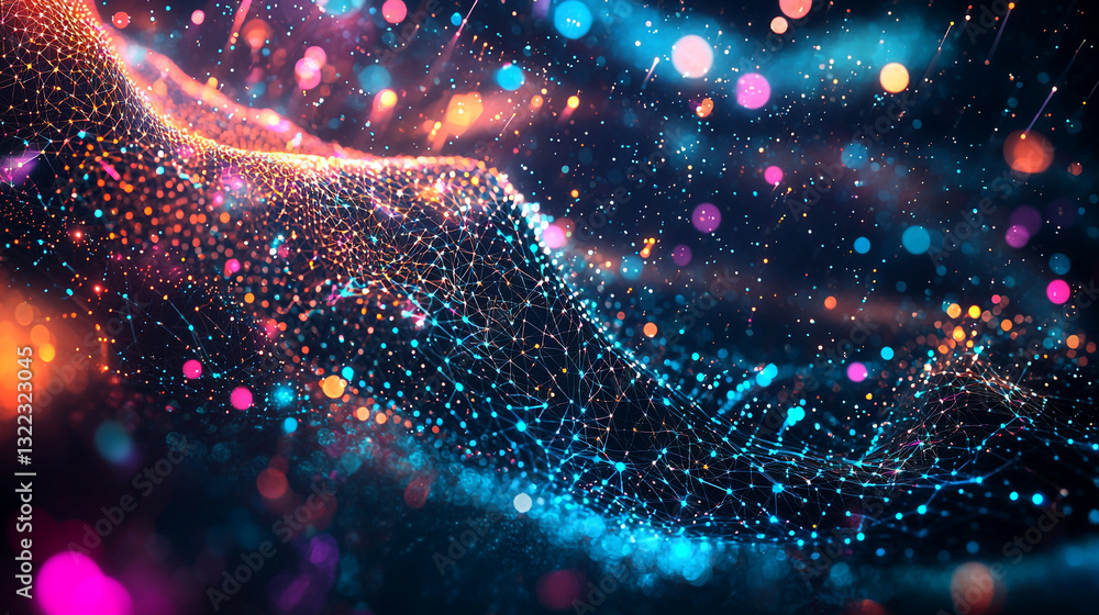 Poster abstract colorful network digital art background with glowing particles and lines dark blue pink dat
