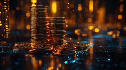 A digital landscape, where stacks of shimmering gold coins materialized alongside a generative AI diagram, visualizing the power of financial growth and technological advancement.