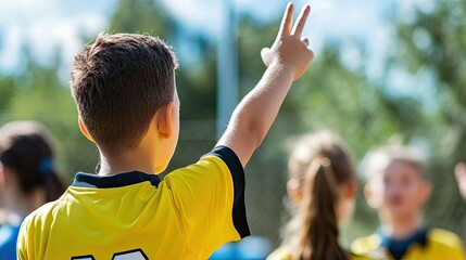 Fototapeta premium Referee signals a foul : A frame where the referee signals a violation of the rules of the game. 