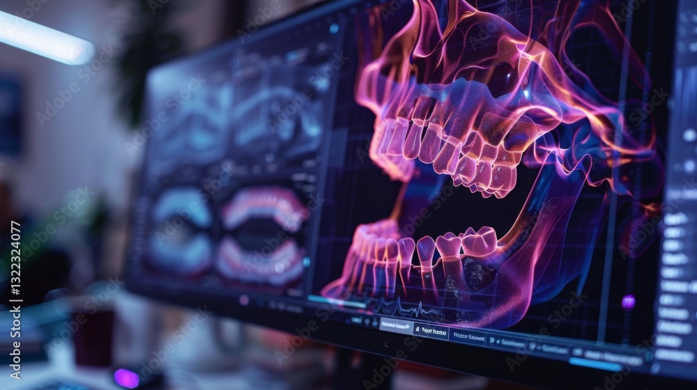 Fototapete A computer monitor showcases colorful 3D models of teeth and jaw structures, highlighting advanced dental imaging techniques used in modern dental practices.