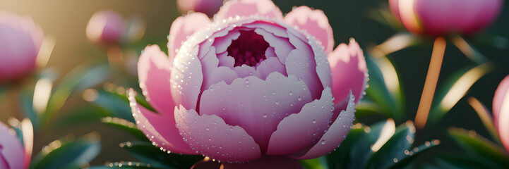 This macro shot showcases a stunning pink peony in full bloom, glistening with tiny water droplets on its soft petals. 