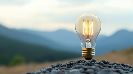 Glowing Light Bulb On A Mountaintop At Sunset Symbolizing Ideas And Innovation