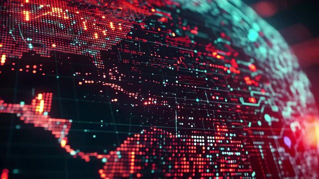 Digital data transformation across the globe highlighting North America and Central America in vivid colors, digital data processing over globe