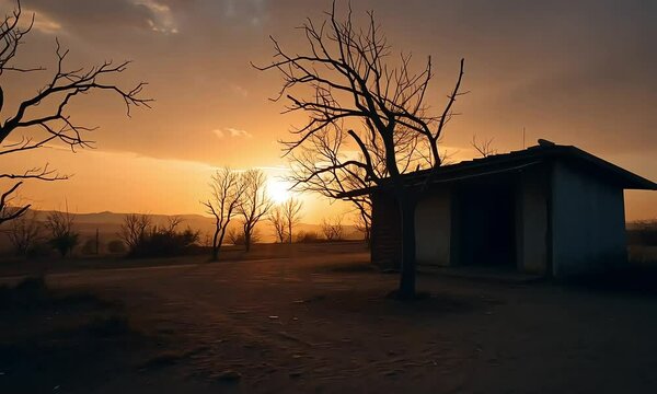  a shack  and  trees  in the sunset