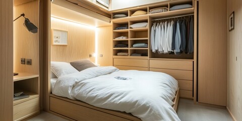 A modern bedroom interior features built in wooden storage and bed