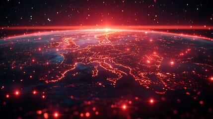 Obraz premium Cyber war targeting Europe visualized with red alert warnings and futuristic digital globe vulnerabilities