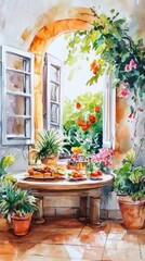 Watercolor painting showing a table set near an open window