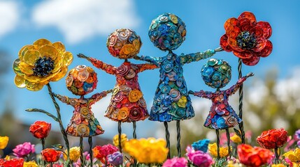 Colorful Family of Recycled Art in a Vibrant Flower Garden