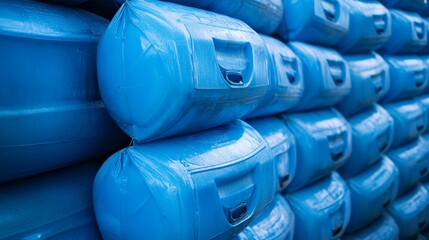 
A large stack of blue, molded plastic floats is neatly arranged in rows
