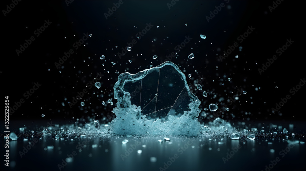 Aufkleber dynamic ice shattering with water splash droplets on dark surface - high resolution stock photo of f