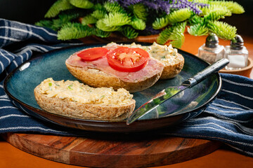 Breakfast sandwiches on plate.