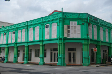 Historic commercial buildings on Upper Weld Road at Perak Road in Little India, Rochor district in Central Area, Singapore. 