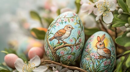 Fototapeta premium Set of Easter eggs with painting. Spring joyful scenes are painted on the eggs. Rabbit jumping in the grass, birds flying, sitting on a branch of blossoming tree, sun, flowers. Vector illustration