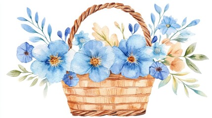 Watercolor vector beautiful blue basket for flowers, Autumn, French style, Spring, Summer, holiday, hiking, camping, for Weddings birthday Celebrations greeting cards invitations baby showers Mother's