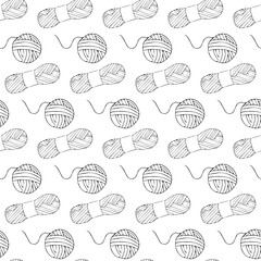 Ball of yarn, factory skein and small skein with yarn leftovers. Doodle style. Seamless pattern.