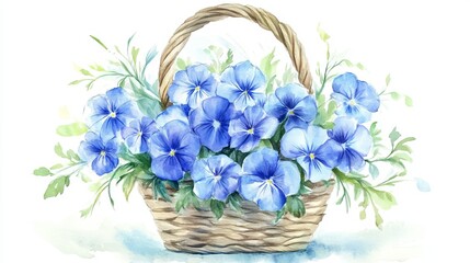 Watercolor vector beautiful blue basket for flowers, Autumn, French style, Spring, Summer, holiday, hiking, camping, for Weddings birthday Celebrations greeting cards invitations baby showers Mother's