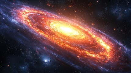 Fototapeta premium Fiery spiral galaxy with bright core and swirling arms in deep space.