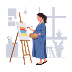 Artist creating colorful painting at easel in minimal flat vector illustration