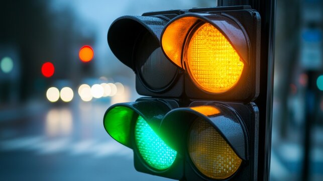 Traffic lights or stoplights with go light and caution light in vector icon