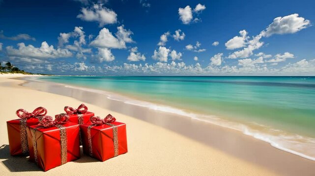 Beautiful beach with red gift boxes under a bright blue sky and clear turquoise water during sunny day